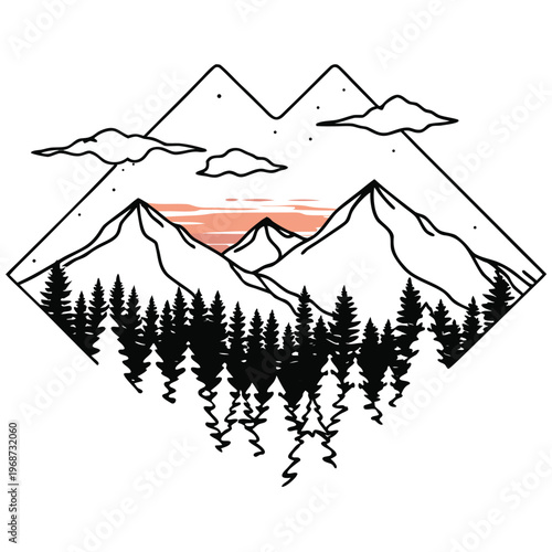 serene mountain forest landscape silhouette at sunrise