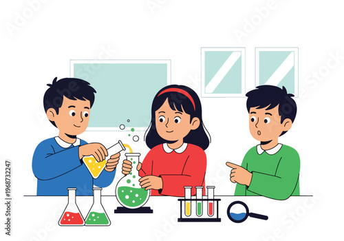 Flat style vector illustration of children conducting science experiments in classroom using lab tools, showing curiosity and discovery in STEM education activities