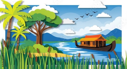 A serene illustration of a houseboat on a tranquil lake surrounded by lush greenery and majestic mountains