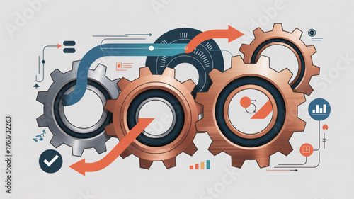 Interconnected gears with arrows and icons represent business process optimization and workflow automation