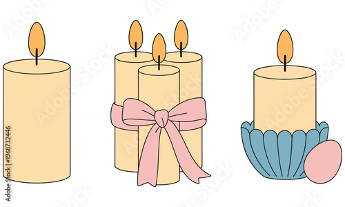 Vector illustration of various decorative candles with different designs and holders