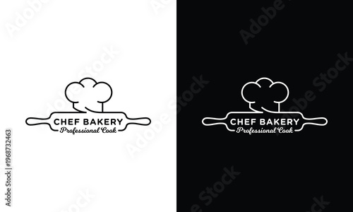 Chef Bakery Logo Design Rolling Pin and Chef Hat Illustration.