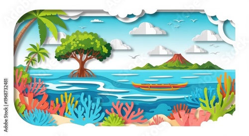 A vibrant tropical island scene with colorful coral and a serene ocean