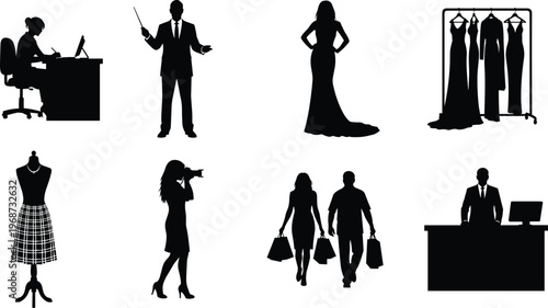 Fashion silhouettes, business presentation, lifestyle activities, photography, shopping, clothing rack, dress form, computer desk, creative illustration, professional scenes, flavector