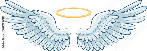 White angel wings vector illustration with golden halo isolated on white background for religious memorial heaven and spiritual peace graphic design,