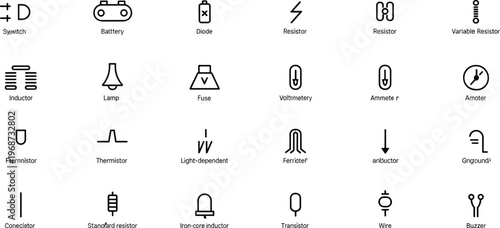 Electronic circuit component icon set featuring symbols for resistor battery diode capacitor and inductor for electrical engineering and physics education design,