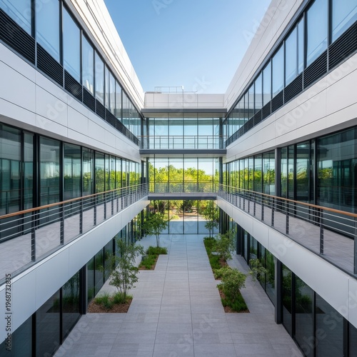 Elevated view of a symmetrical modern office courtyard with glass facades, multi-level walkways and greenery. Biophilic design concept, Architecture, Urban Oasis