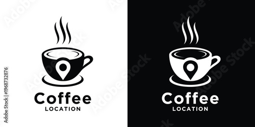 Coffee shop location logo design with cup and map pin.