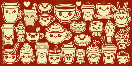 A cheerful collection of kawaii style drinks and sweet treats