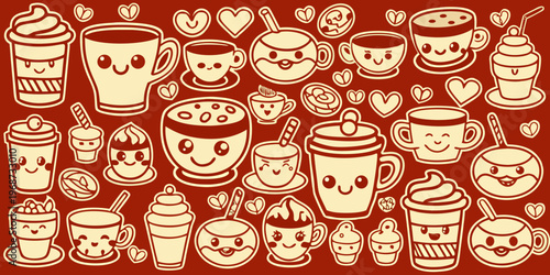 Collection of cute hand drawn coffee cups tea and sweet treats