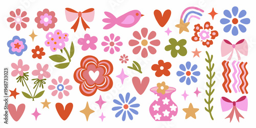 Colorful collection of whimsical flowers birds bows and decorative elements