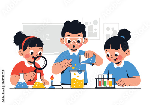 Flat style vector illustration of children conducting science experiments in classroom using lab tools, showing curiosity and discovery in STEM education activities