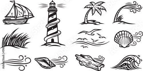 A collection of line drawings showcasing various aquatic and marine animals Vector