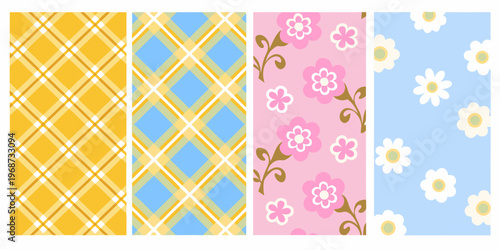 Four patterned backgrounds gingham diamonds florals and daisies