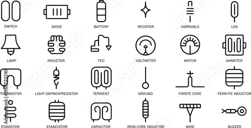 Electronic circuit component icon set featuring symbols for resistor battery diode capacitor and inductor for electrical engineering and physics education design