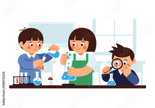 Flat style vector illustration of children conducting science experiments in classroom using lab tools, showing curiosity and discovery in STEM education activities