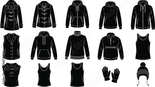 Silhouette collection of winter coats, hoodies, sweaters, vests, tops, gloves, and hats fashion clothing illustration set – flavector