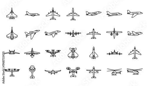 Aircraft Silhouette Vector Icons Set Military and Commercial Plane Collection