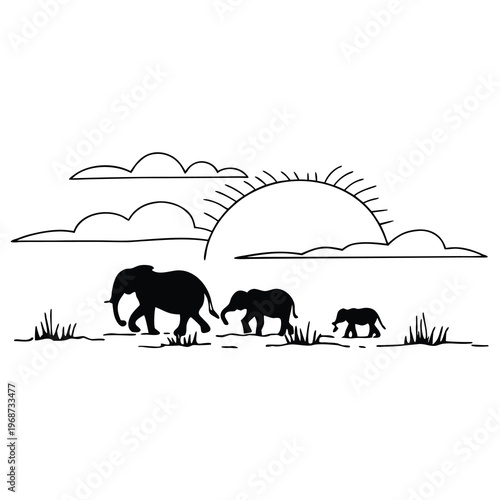 elephant family walking in silhouette against sunset