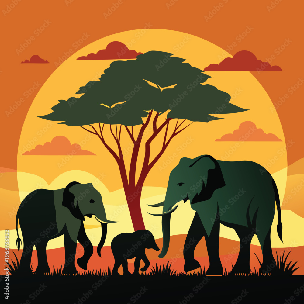 Fototapeta premium silhouette of elephant family walking at sunset