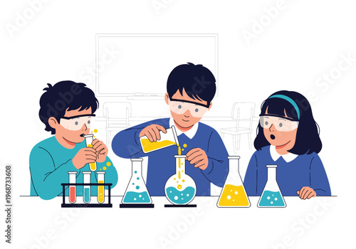 Flat style vector illustration of children conducting science experiments in classroom using lab tools, showing curiosity and discovery in STEM education activities