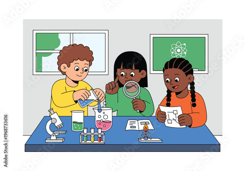 Flat style vector illustration of children conducting science experiments in classroom using lab tools, showing curiosity and discovery in STEM education activities