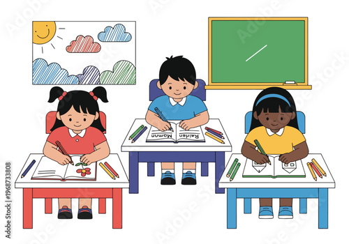 Flat style vector illustration of children writing and drawing at school desks with notebooks and crayons, creative learning activity in classroom education setting