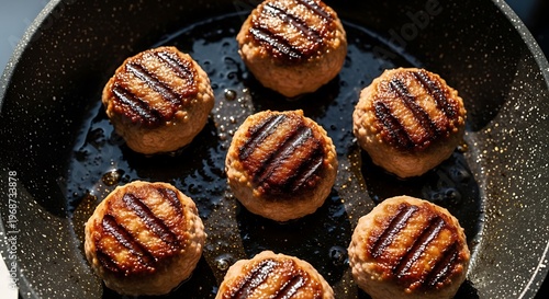 Seven grilled meat patties cooking in a black speckled frying pan with oil