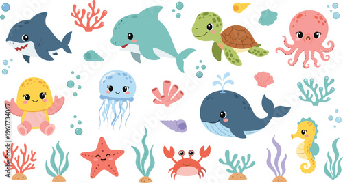 Cute Ocean Animals and Sea Creatures Icon Set with Whale Shark Turtle Octopus Crab Jellyfish Coral and Underwater Elements Illustration.