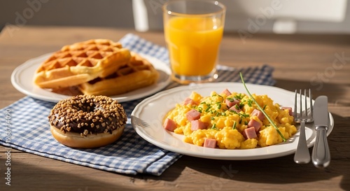 Delicious breakfast spread with scrambled eggs ham waffles and donut on table