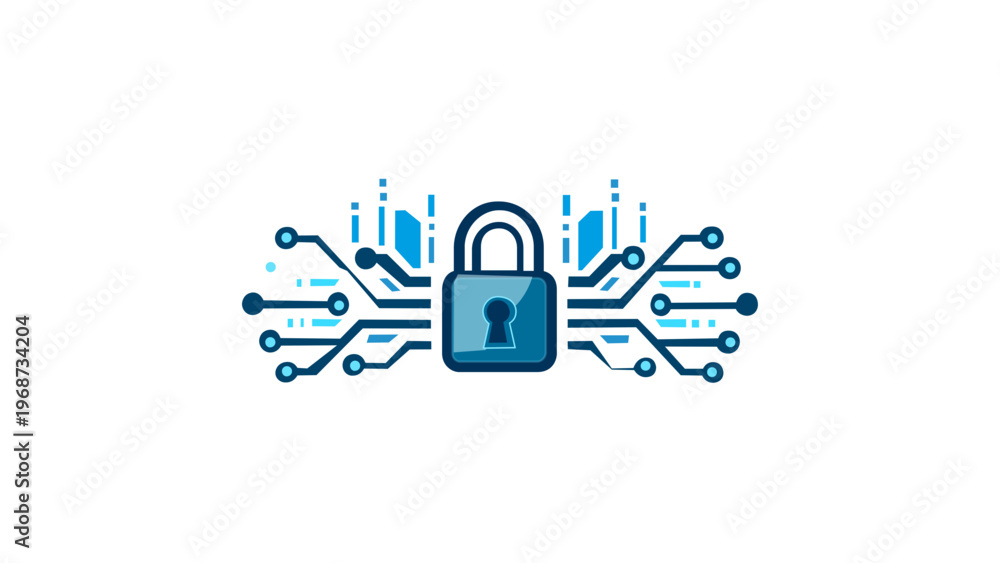 Obraz premium Blue digital security padlock vector icon illustration with circuit board patterns, symbolizing cyber protection, data encryption, network safety, privacy, and secure information technology.