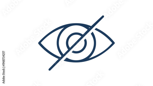 Minimalist dark blue vector icon illustration of a hidden eye with a diagonal slash, symbolizing privacy, disabled visibility, restricted access, and secure data protection for web and app UI.