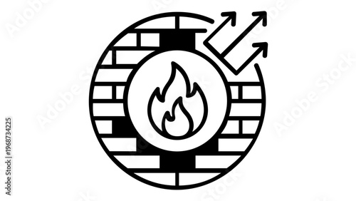 VPN firewall security vector icon illustration. Black and white minimalist design featuring a brick wall protecting a flame with outgoing data arrows for network privacy and cyber protection.