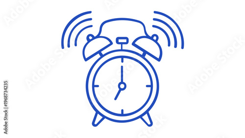 Minimalist blue line art vector icon illustration of a ringing alarm clock, representing alert, notification, time management, and morning wake-up call, ideal for security and verification apps.