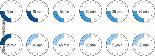 Collection of Circular Timer Icons Displaying Incremental Minute Intervals from Five to Sixty with Blue Progress Segments for User Interface Design