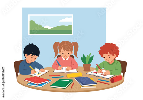 Flat style vector illustration of children writing and drawing at school desks with notebooks and crayons, creative learning activity in classroom education setting