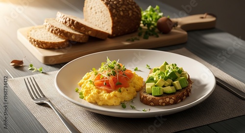 Delicious breakfast plate with scrambled eggs and avocado toast on a table