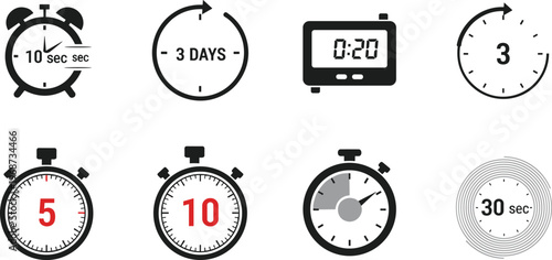 Collection of Minimalist Timer and Stopwatch Icons Featuring Alarm Clocks Digital Displays Countdown Seconds and Multi Day Tracking Symbols for Interface Design