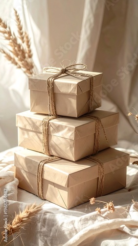 Three stacked beige gift boxes tied with twine, placed on a softly draped linen cloth with subtle lighting and dried wheat