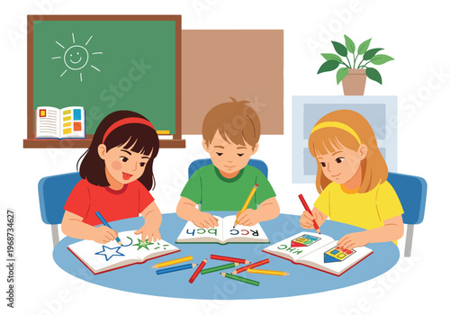 Flat style vector illustration of children writing and drawing at school desks with notebooks and crayons, creative learning activity in classroom education setting