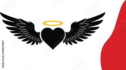 Flat Vector Illustration of a Black Heart with Angel Wings and a Golden Halo Set Against a Minimalist White Background