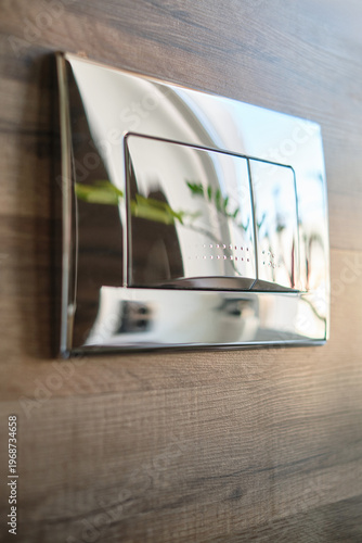 Flush button on a toilet. Toilet flush press with two separate buttons from chrome on a wall.  