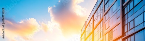 Modern glass skyscraper facade under a vibrant sunset sky, low-angle view with warm glowing clouds, symbolizing urban development, corporate success and a bright