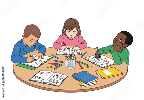 Flat style vector illustration of children writing and drawing at school desks with notebooks and crayons, creative learning activity in classroom education setting