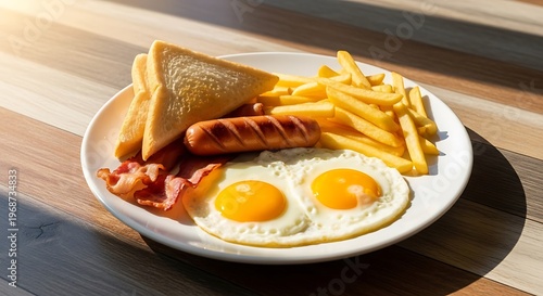 Delicious breakfast plate with eggs, sausage, bacon, fries, and toast on a wooden table