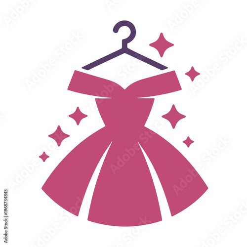 Elegant pink ball gown hanging on a hanger with decorative stars