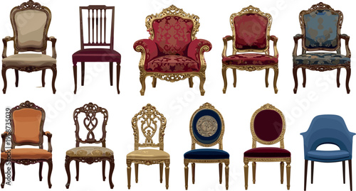 Vintage Furniture Set with Ornate Chairs in Different Styles, Colors, and Designs for Home Decor and Interior Design