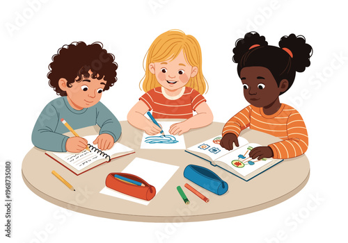 Flat style vector illustration of children writing and drawing at school desks with notebooks and crayons, creative learning activity in classroom education setting