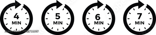 Timer icon set showing four five six and seven minutes duration with circular arrows for cooking time delivery tracking or countdown management black vector.