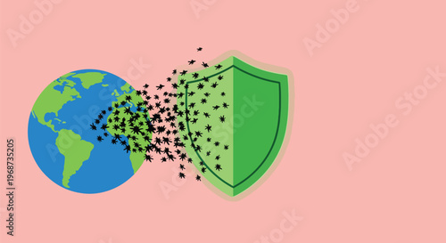 Earth being attacked by swarm of mosquitos transforming into shield, concept of disease prevention and global health defense.